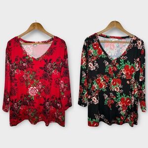 2 Pioneer Woman Bold Floral V Neck Soft Red Black Country Floral Tops Shirts 3X‎